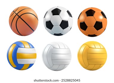 Sport ball vector mockup. 3d basketball, volleyball, soccer, school football icon set. Realistic isolated game equipment emoji. Cartoon emoticon different play stuff. Team round ball sticker element.