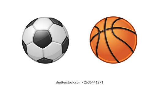 Sport ball vector mockup. Basketball, soccer, school football icon set. Realistic isolated game equipment emoji. Cartoon emoticon different play stuff. Team round ball sticker element. Vector 10 eps.