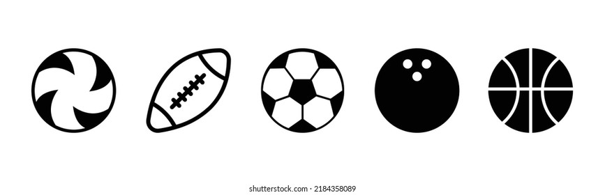 Sport Balls Black Icon Set. Football, Basketball, Volleyball, Rugby Vector Illustration