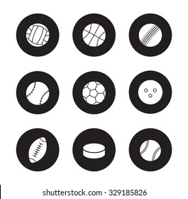 Sport balls black icons set. Hockey puck and bowling ball. Active lifestyle team play games. Sport equipment white silhouettes illustrations isolated on black circles . Vector infographics elements