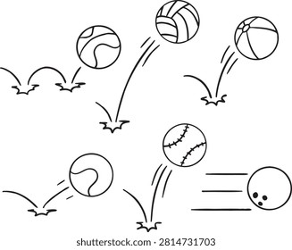Sport balls bouncing with motion lines. Black and white sketch collection showing basketball volleyball baseball and more in action.