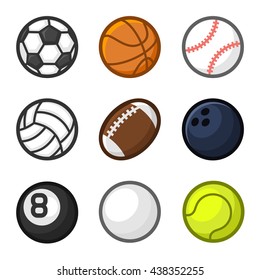 Sport Balls Cartoon Style Set on White Background. Vector illustration