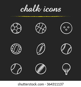 Sport balls chalk icons set. Baseball, rugby, golf and cricket game equipment. Soccer volleyball and american football balls. White illustrations on blackboard. Vector chalkboard logo concepts