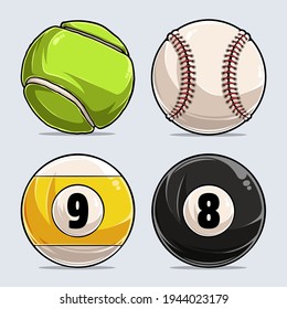 Sport balls collection, Baseball ball, Tennis Ball, Billiard 8 ball and 9 ball