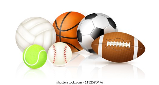 Sport balls collection for basketball football volleyball baseball rugby and tennis games  realistic vector illustration 