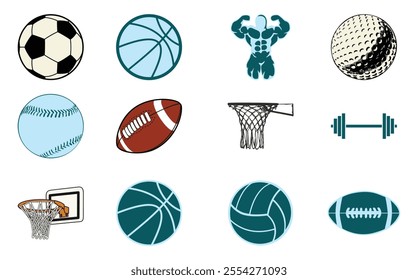 Sport Balls Collection Soccer Basketball Volleyball, set of different types of sports balls on colored backgrounds