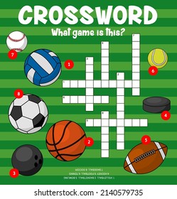 Sport balls, crossword puzzle worksheet to find word, vector quiz game grid. Kids education riddle crossword to guess balls of volleyball, basketball or bowling, hockey and football soccer or tennis