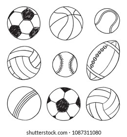 Sport balls different kinds doodle hand drawing. Physical education, kinds of sport icons. Team play hand drawn logo element. White background. Back to school, championship, competition theme. 