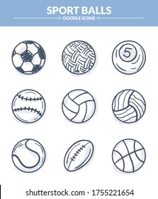 Sport Balls doodle icons set, Trendy and lovely hand drawn style isolated on white background