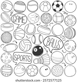 Sport Balls Doodle Line Art Illustration. Hand Drawn Vector Clip Art Stamps.