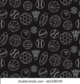 Sport balls doodle thin line art black and white seamless vector pattern