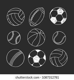 Sport balls doodles: soccer, football, basketball, rugby, tennis, volleyball, hand drawn sketches on chalk board background. School physical education, kinds of sport icons. Team play logo element. 
