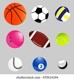 Sport balls. Equipment: Basketball, baseball, volleyball, golf, bowling, billiards, tennis, football, rugby