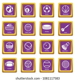 Sport balls equipment icons set vector purple square isolated on white background 