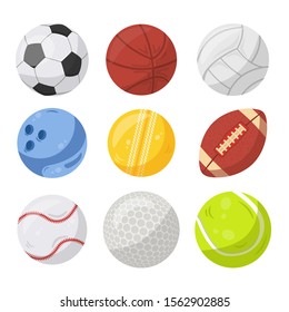 Sport balls flat vector illustrations set. Soccer, basketball and volleyball. Various competitive athletic games accessories. Bowling, cricket and american football. Baseball, golf and tennis symbols