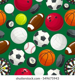 Sport balls and gaming equipment pattern. Vector pattern of color cartoon balls for rugby and soccer, baseball and basketball, tennis, hockey puck, bowling, volleyball, darts, billiards