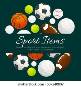 Sport balls and gaming items label emblem. Vector elements of team game sport balls for rugby, football, soccer, baseball, basketball, tennis, volleyball, golf