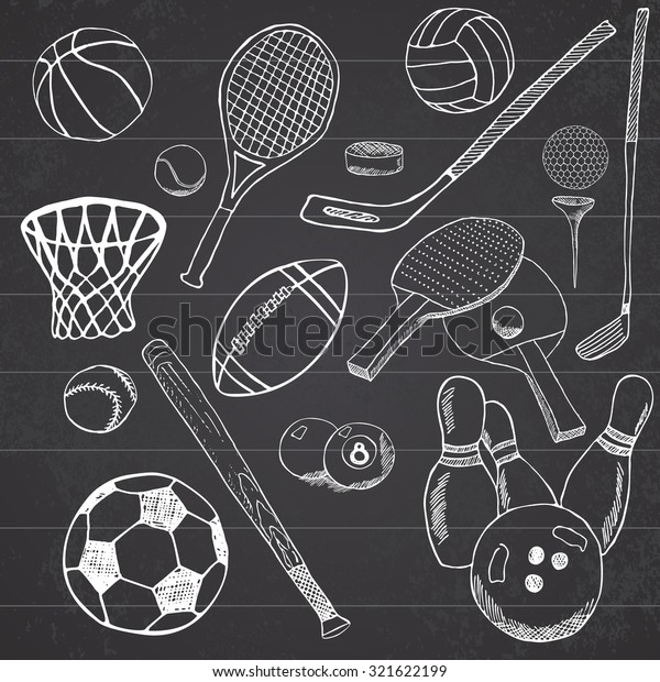 Sport\
balls Hand drawn sketch set with baseball, bowling, tennis\
football, golf balls and other sports items. Drawing doodles\
elements. collection, isolated on white\
background.