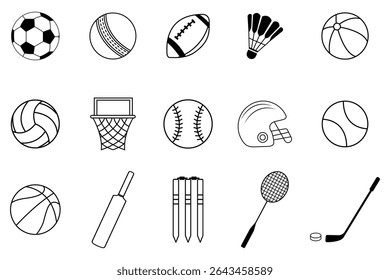 Sport balls icon set black and white. Set of black and white balls sports icons vector image. Baseball Bat, Basketball Hoop, Soccer Ball, Tennis Racket and more icon set. Vector illustration.	