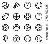 Sport Balls Icon Set Vector Football, Basketball, Soccer, Tennis, Baseball, Volleyball Flat Line Icons Collection