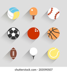 Sport balls icon set - vector white app buttons long shadow style with football soccer tennis baseball basketball golf  volleyball rugby bowling ping pong symbols