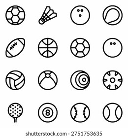 Sport Balls Icon Set Vector Football, Basketball, Soccer, Tennis, Baseball, Volleyball Flat Line Icons Collection