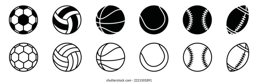 Sport balls icon vector collection. Football, volleyball, basketball, tennis ball, baseball and american football symbol illustration. Ball sign silhouette