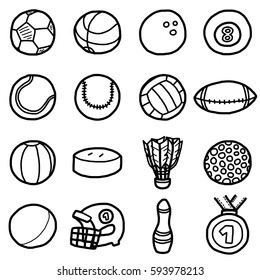 sport balls, icons set / cartoon vector and illustration, hand drawn style, black and white, isolated on white background.
