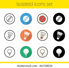 Sport balls icons set. Flat design, linear, black and color styles. Cricket and golf ball on tee, shuttlecock. Isolated vector illustrations