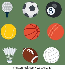 Sport balls icons set play types. Ball games. Sports kids ball volleyball baseball tennis football soccer bambinton hockey basketball rugby balls vector