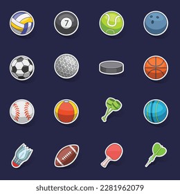 Sport balls icons set stikers collection vector with shadow on purple background