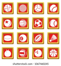 Sport balls icons set vector red square isolated on white background 