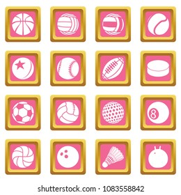 Sport balls icons set vector pink square isolated on white background 