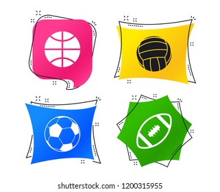 Sport balls icons. Volleyball, Basketball, Soccer and American football signs. Team sport games. Geometric colorful tags. Banners with flat icons. Trendy design. Vector
