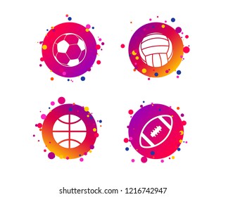 Sport balls icons. Volleyball, Basketball, Soccer and American football signs. Team sport games. Gradient circle buttons with icons. Random dots design. Vector