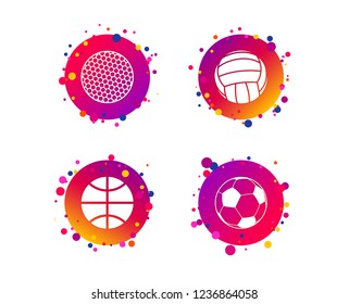 Sport balls icons. Volleyball, Basketball, Soccer and Golf signs. Team sport games. Gradient circle buttons with icons. Random dots design. Vector