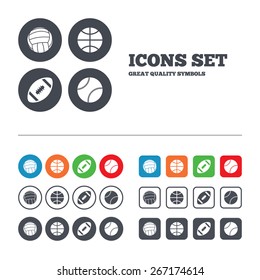 Sport balls icons. Volleyball, Basketball, Baseball and American football signs. Team sport games. Web buttons set. Circles and squares templates. Vector