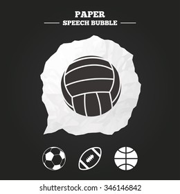 Sport balls icons. Volleyball, Basketball, Soccer and American football signs. Team sport games. Paper speech bubble with icon.