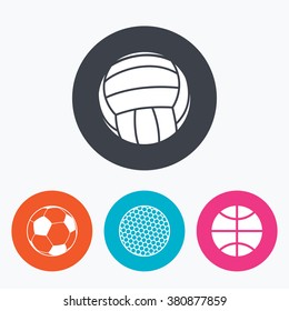 Sport balls icons. Volleyball, Basketball, Soccer and Golf signs. Team sport games. Circle flat buttons with icon.