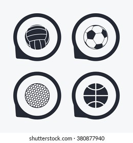 Sport balls icons. Volleyball, Basketball, Soccer and Golf signs. Team sport games. Flat icon pointers.