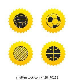 Sport balls icons. Volleyball, Basketball, Soccer and Golf signs. Team sport games. Yellow stars labels with flat icons. Vector