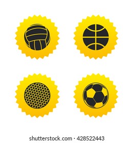 Sport balls icons. Volleyball, Basketball, Soccer and Golf signs. Team sport games. Yellow stars labels with flat icons. Vector