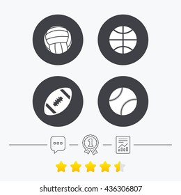 Sport balls icons. Volleyball, Basketball, Baseball and American football signs. Team sport games. Chat, award medal and report linear icons. Star vote ranking. Vector