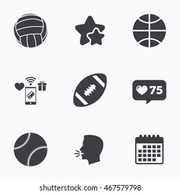 Sport balls icons. Volleyball, Basketball, Baseball and American football signs. Team sport games. Flat talking head, calendar icons. Stars, like counter icons. Vector