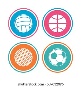 Sport balls icons. Volleyball, Basketball, Soccer and Golf signs. Team sport games. Colored circle buttons. Vector