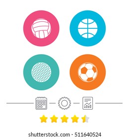 Sport balls icons. Volleyball, Basketball, Soccer and Golf signs. Team sport games. Calendar, cogwheel and report linear icons. Star vote ranking. Vector