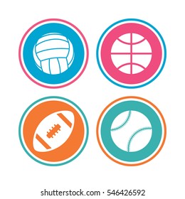 Sport balls icons. Volleyball, Basketball, Baseball and American football signs. Team sport games. Colored circle buttons. Vector