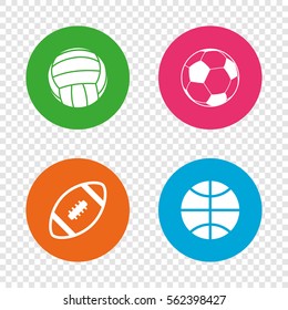 Sport balls icons. Volleyball, Basketball, Soccer and American football signs. Team sport games. Round buttons on transparent background. Vector