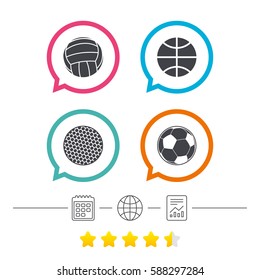 Sport balls icons. Volleyball, Basketball, Soccer and Golf signs. Team sport games. Calendar, internet globe and report linear icons. Star vote ranking. Vector