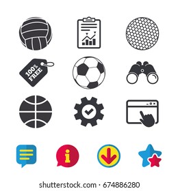 Sport balls icons. Volleyball, Basketball, Soccer and Golf signs. Team sport games. Browser window, Report and Service signs. Binoculars, Information and Download icons. Stars and Chat. Vector